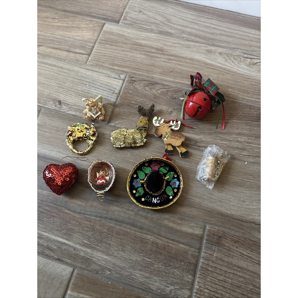 Lot of 9 Vintage Christmas Ornaments Handmade Wood Fabric Sequin Bell Cancun